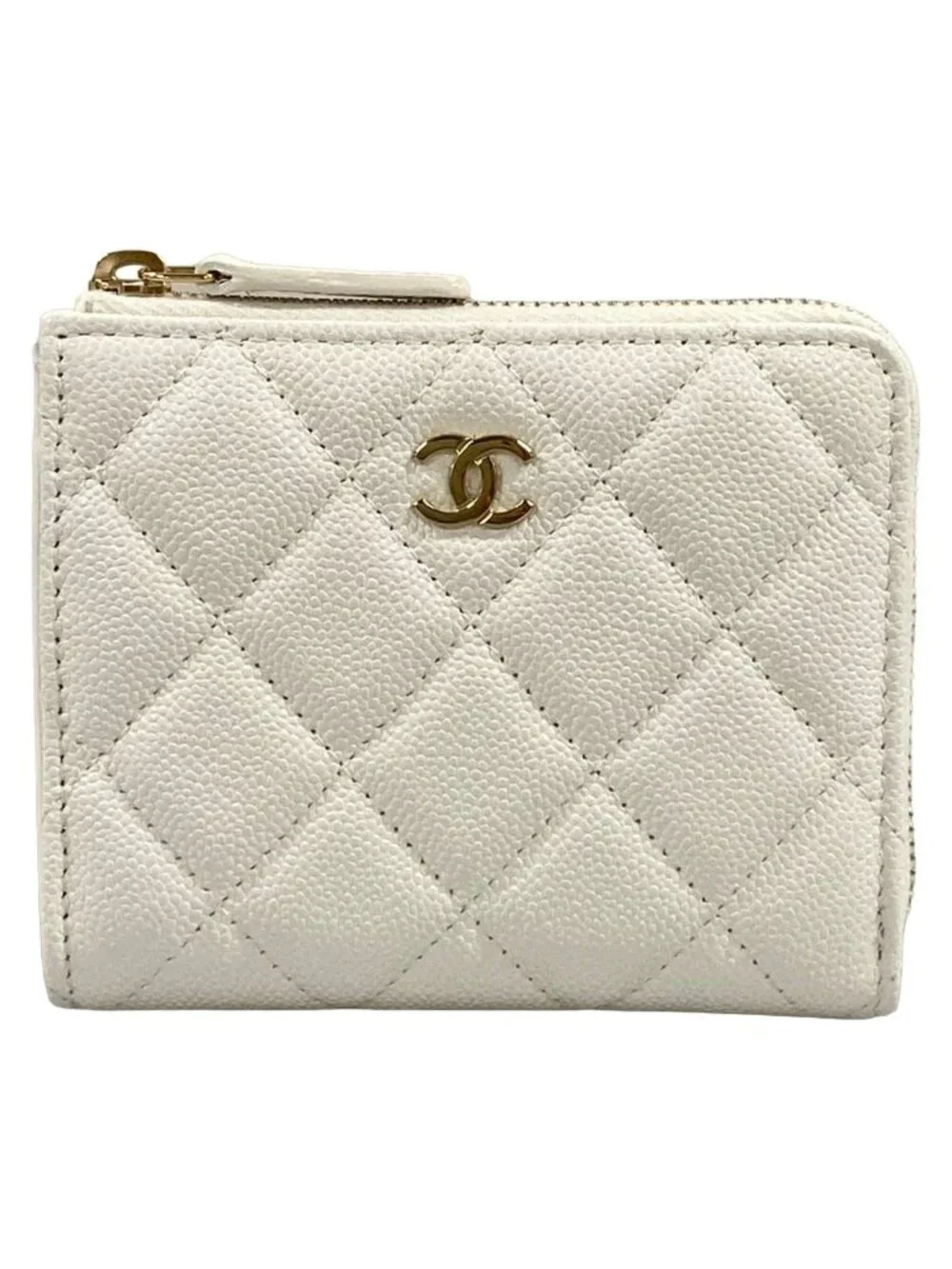 Chanel Coin Case Quilted White L-shaped Zipper Gold